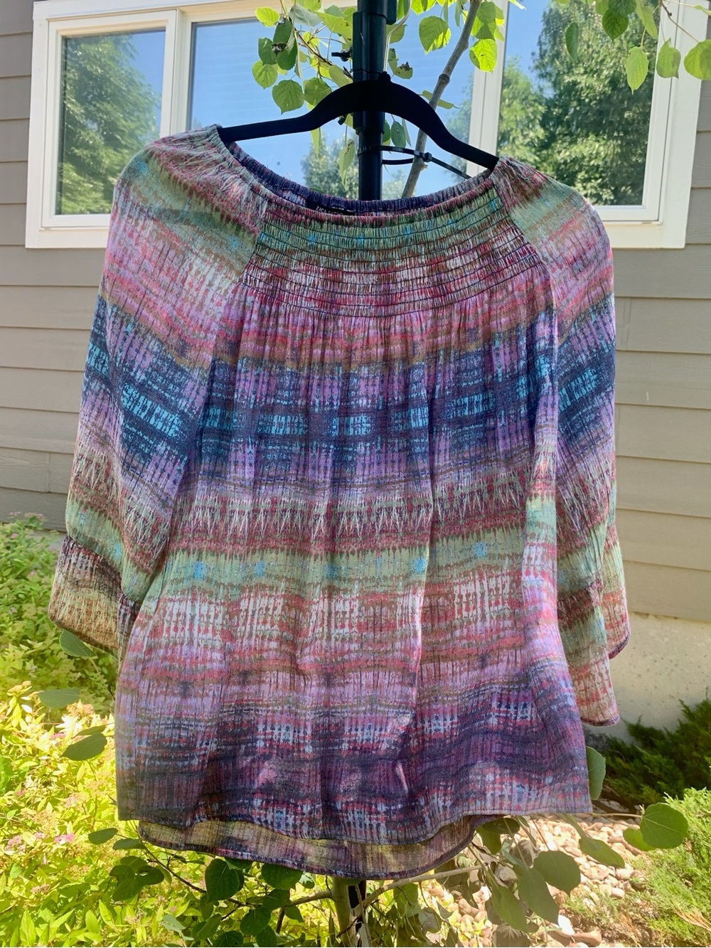Zac & Rachel Pink Purple Teal Striped Smocked-Neck Peasant Top